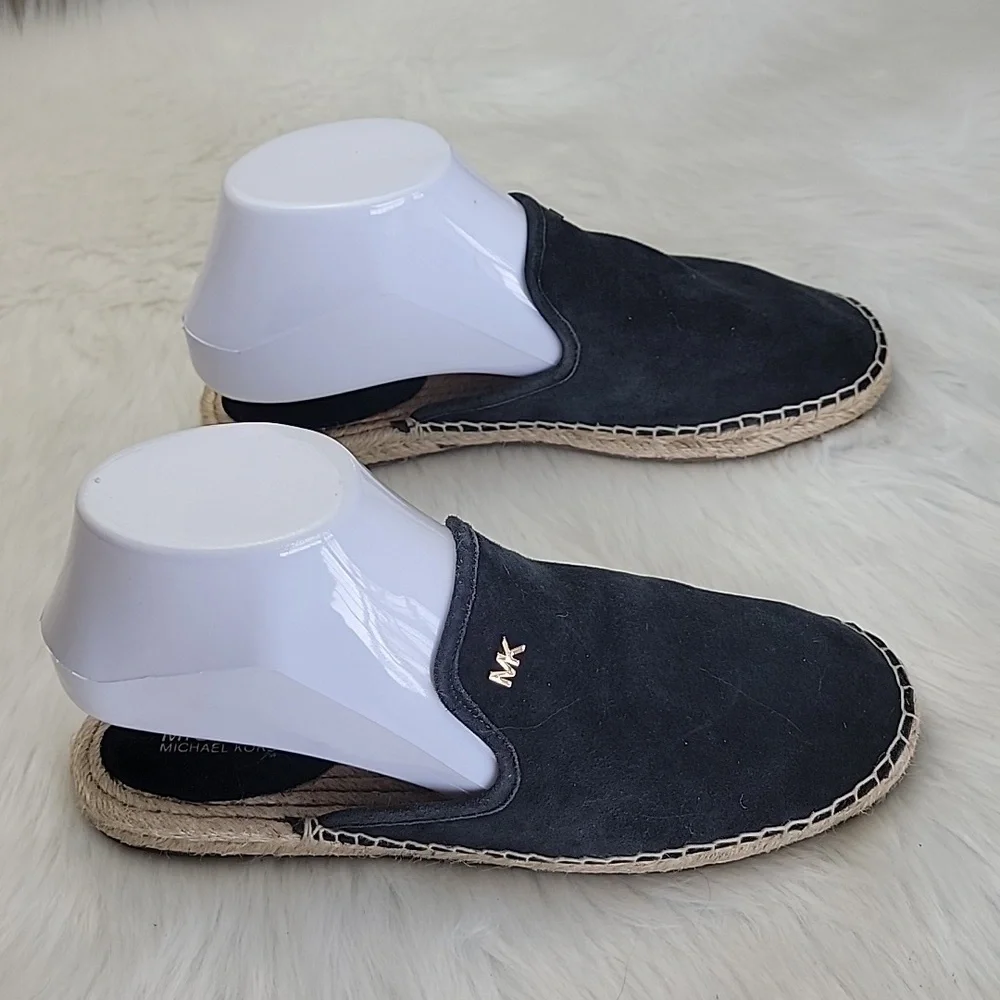 MICHAEL MICHAEL KORS Hastings Black Suede Slip On Flat Designer Mule Espadrilles